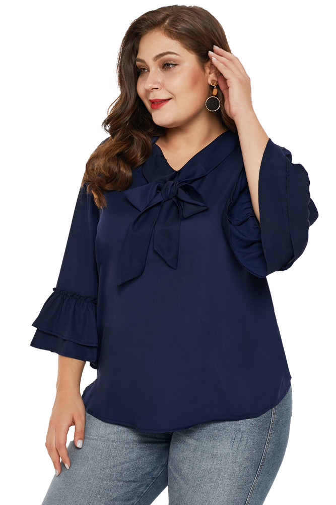 Navy Blue Tie Neck Ruffle Sleeved Plus Size Blouse