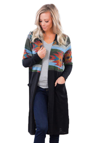 Black Aztec Open Long Cardigan