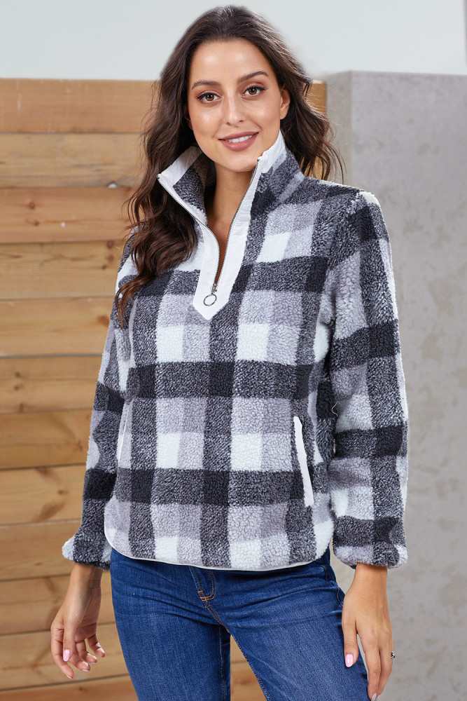 Gray Plaid Zip Neck Furry Sweatshirt