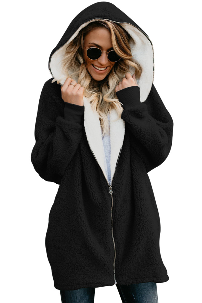 Black Zip Down Hooded Fluffy Coat