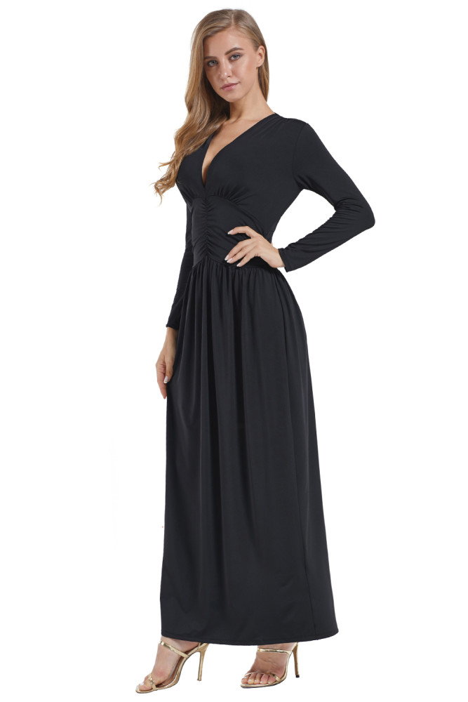 Black Vintage Inspired V-neck Long Sleeve Maxi Dress