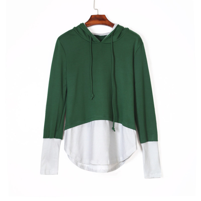 Pinstriped Patchwork Green Thumbhole Sleeved Hoodie