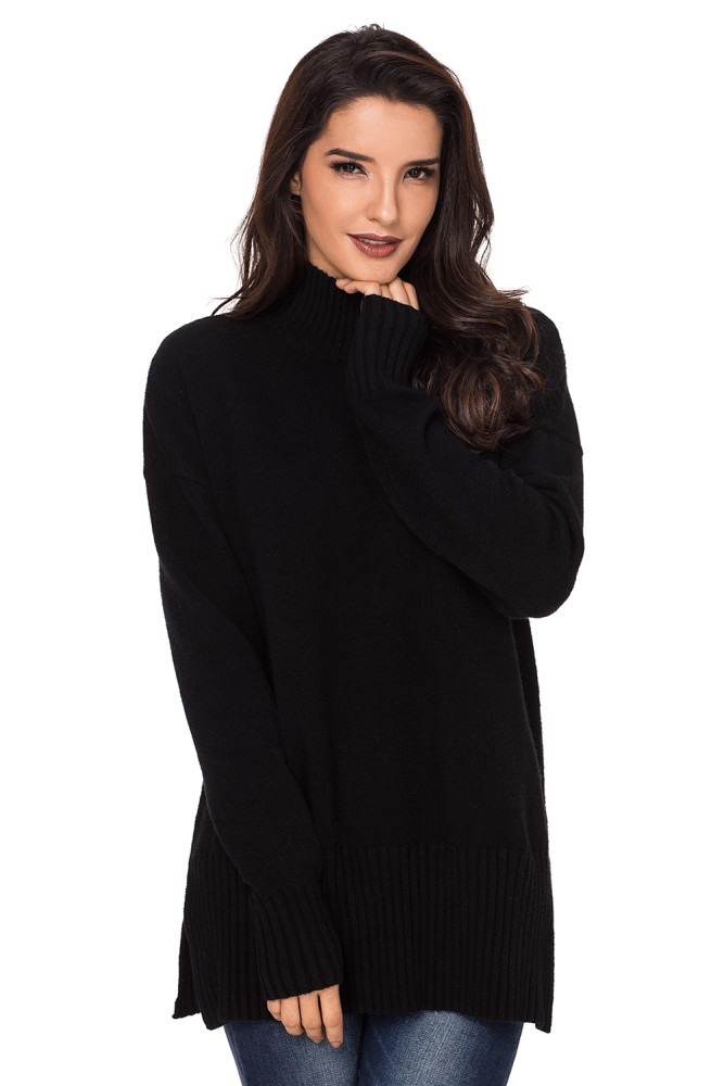 Black Turn-up Sleeve Turtle Neck Sweater