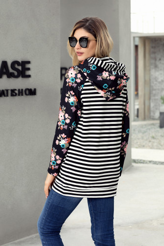 Floral Splice Black Striped Drawstring Hoodie