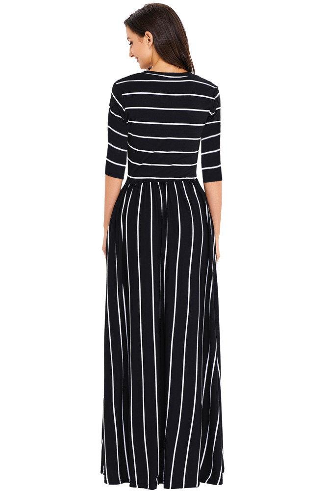 Black White Striped Casual Pocket Style Maxi Dress