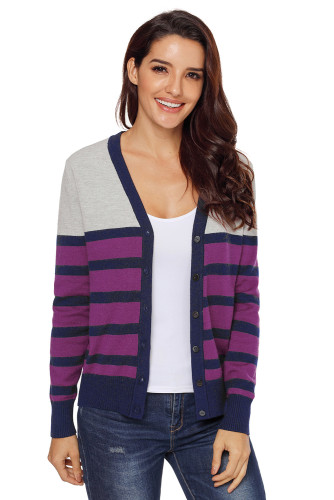 Plum Striped Grey Fuchsia Lightweight Knitted Cardigan