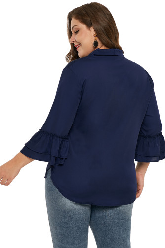 Navy Blue Tie Neck Ruffle Sleeved Plus Size Blouse