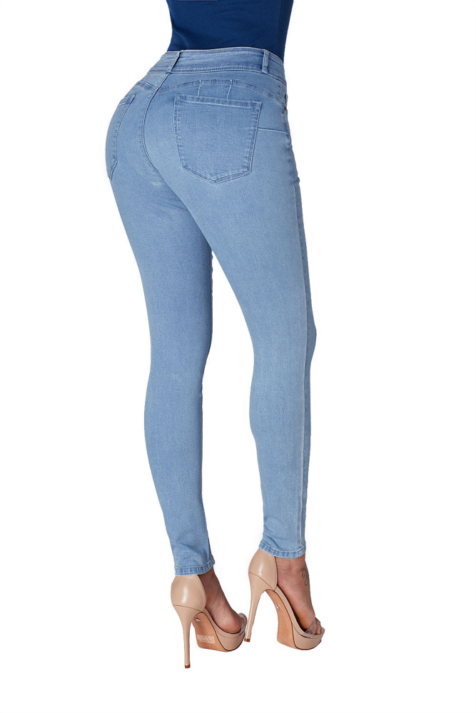 Light Denim Cuffed Butt Lifting Skinny Jeans