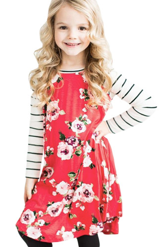 Red Spring Fling Floral Striped Sleeve Short Dress for Kids