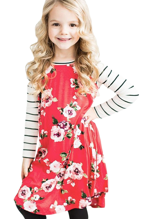 Red Spring Fling Floral Striped Sleeve Short Dress for Kids
