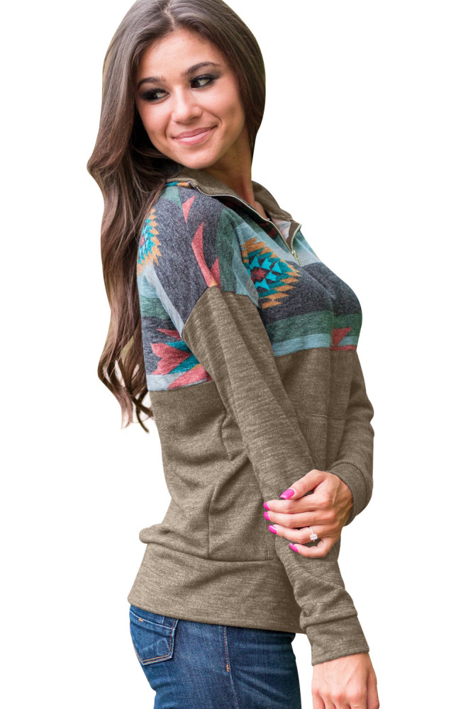 Aztec Print Atop Khaki Pullover Sweatshirt