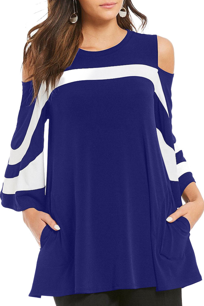 Navy Blue Platter Colorblock Bell Sleeve Plus Size Tunic Top
