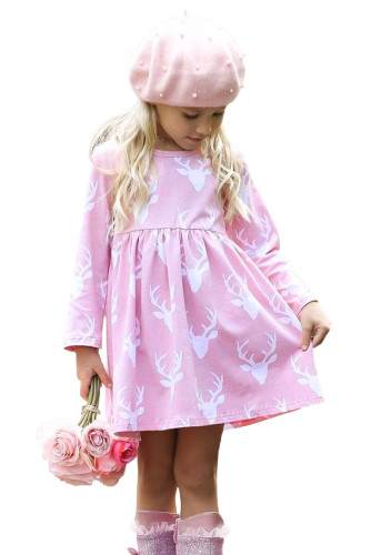 Pink Christmas Deer Print Long Sleeve Girl Dress