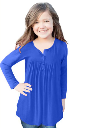Light Blue Long Sleeve Button Detail Pleated Little Girls Top
