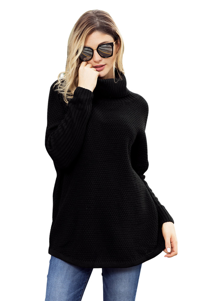 Black Ribbed Sleeves Turtleneck Sweater Pullover