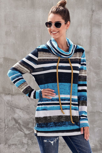 Blue Multicolor Cowl Neck Striped Long Sleeve Sweatshirt