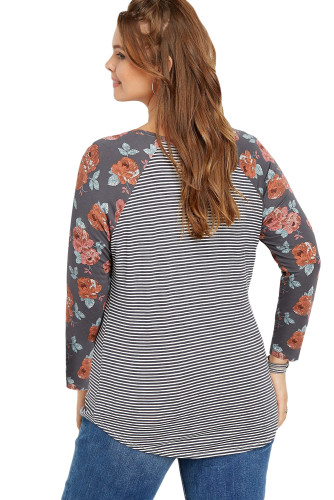 Plus Size Gray Floral Sleeves Striped Baseball Tee