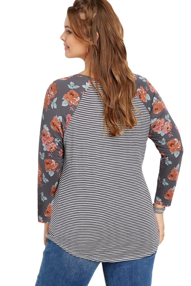 Plus Size Gray Floral Sleeves Striped Baseball Tee