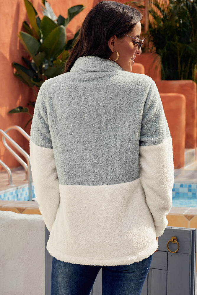 Grey White Zip Neck Oversize Fluffy Fleece Pullover