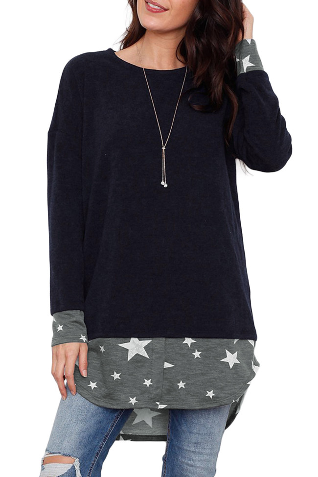Star Splice Navy Long Sleeve Tunic Top