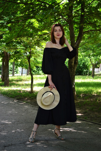 Black Off Shoulder Puff Sleeve Button Front Vintage Dress