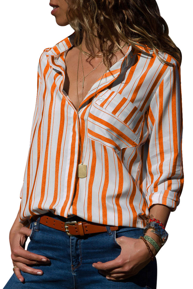 Orange Striped Chest Pocket Button Down Shirt