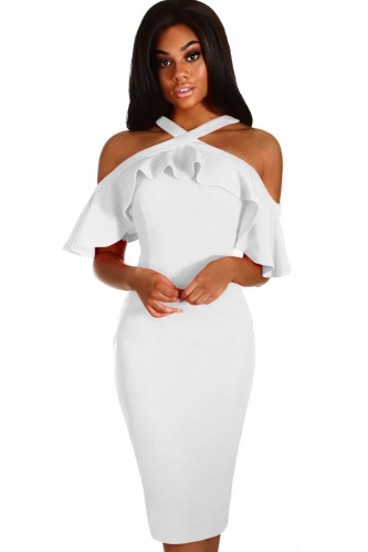 White Frill Cold Shoulder Midi Dress