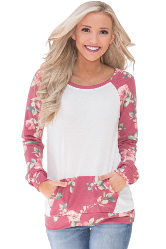 Red Floral Patchwork Kangaroo Pocket Sweatshirt