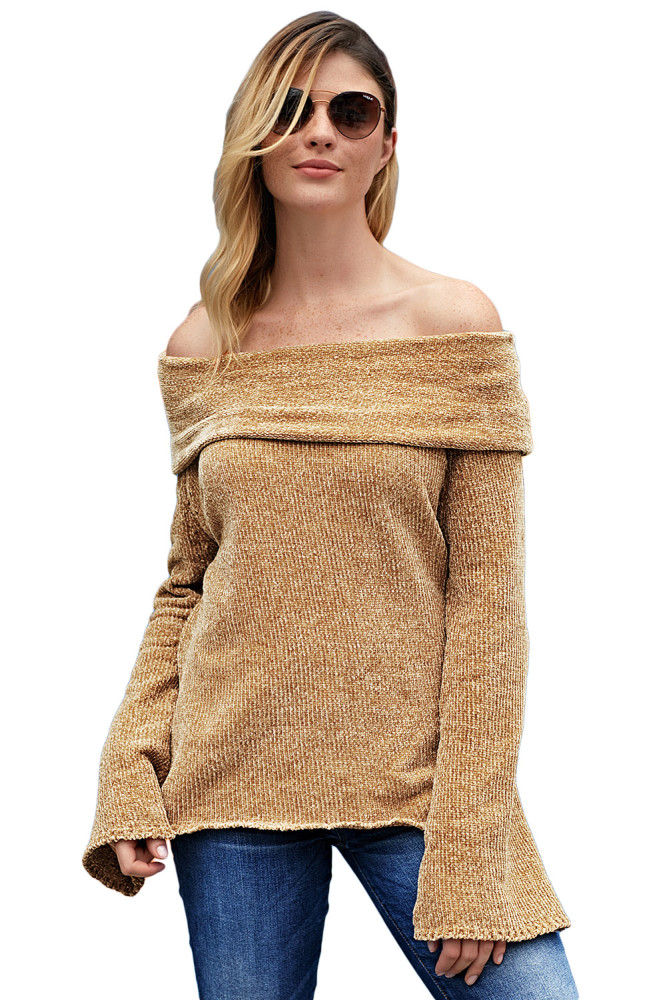 Khaki Soft Velvet Knit Off Shoulder Sweater