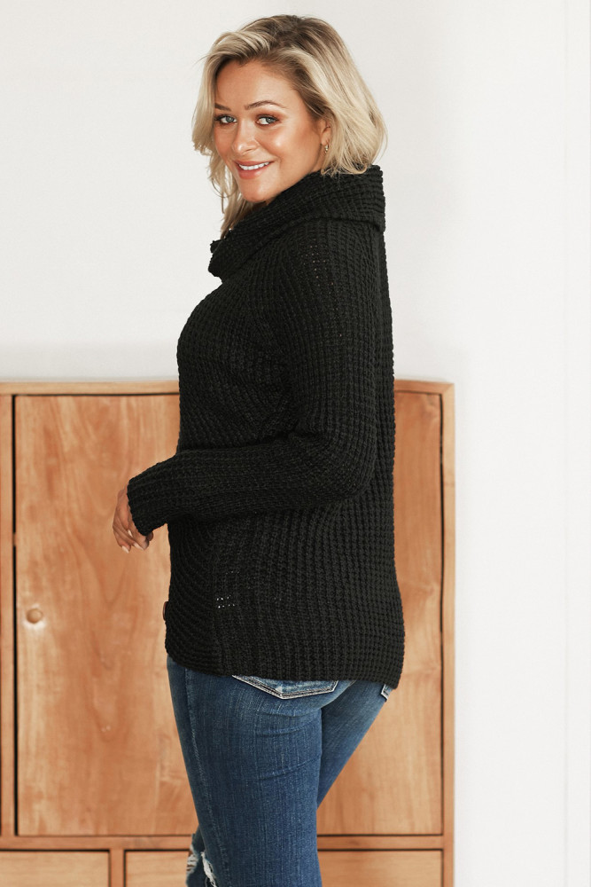 Black Buttoned Wrap Turtleneck Sweater