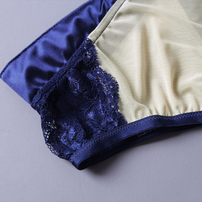 Blue Sheer Lace Mesh Cutout 2pcs Lingerie Set