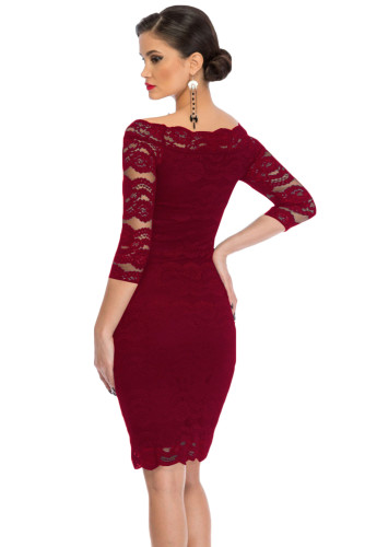 Burgundy Lace Scalloped Off Shoulder Midi Dress