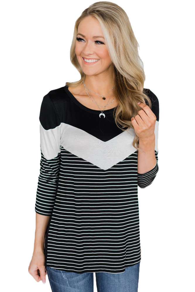 Black White Striped and Chevron Colorblock Top