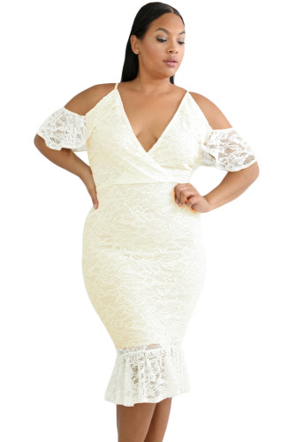 White Plus Size Cold Shoulder Lace Bodycon Dress