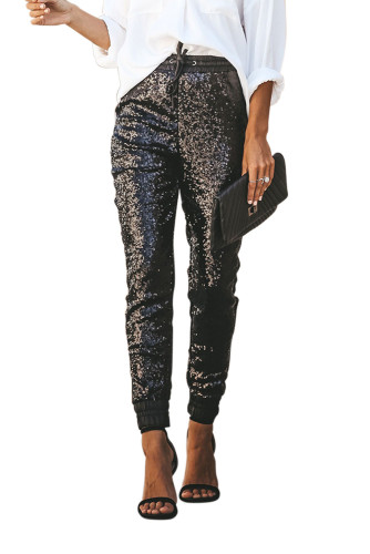Black Glitter Sequin Drawstring Stretch Pants