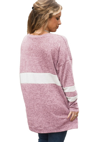 Pink V Neck Chunky Stripe Sweatshirt