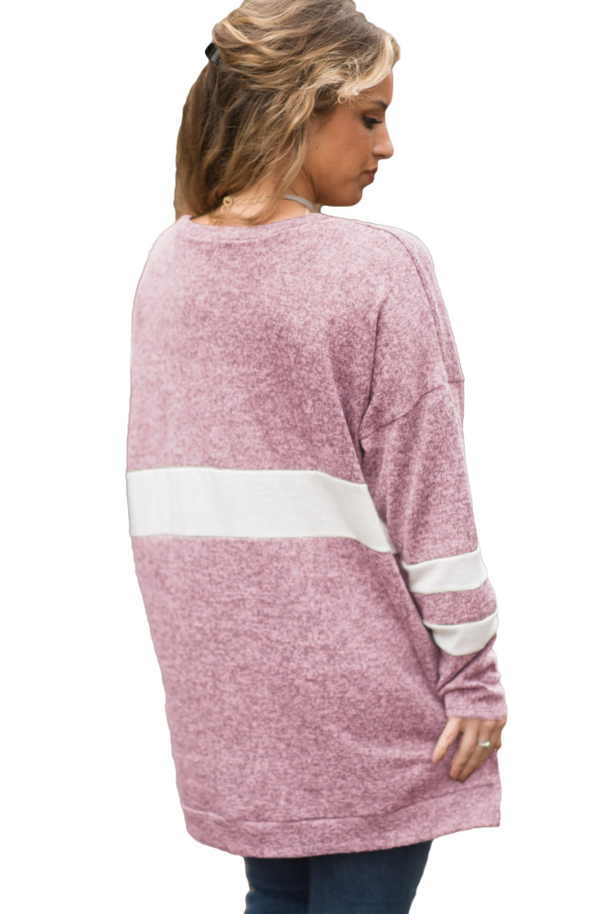 Pink V Neck Chunky Stripe Sweatshirt
