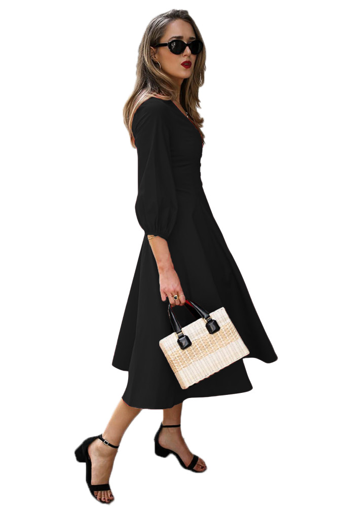 Black Button Front Balloon Sleeve Vintage Dress