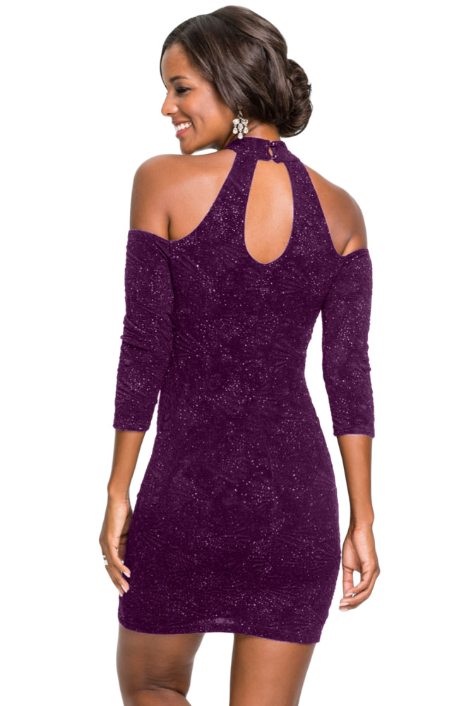 Purple Cold Shoulder Keyhole Bodycon Mini Dress