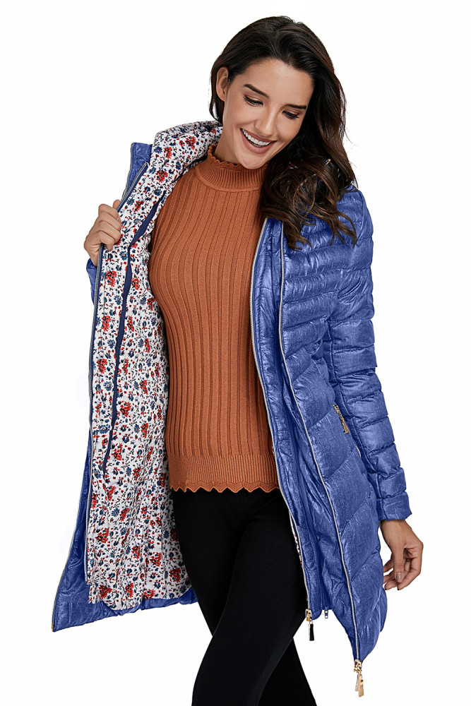 Blue Hooded Longline Winter Coat with Belt