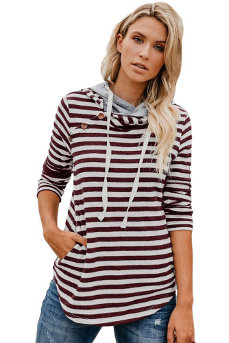 Burgundy Striped Button Detail Hoodie