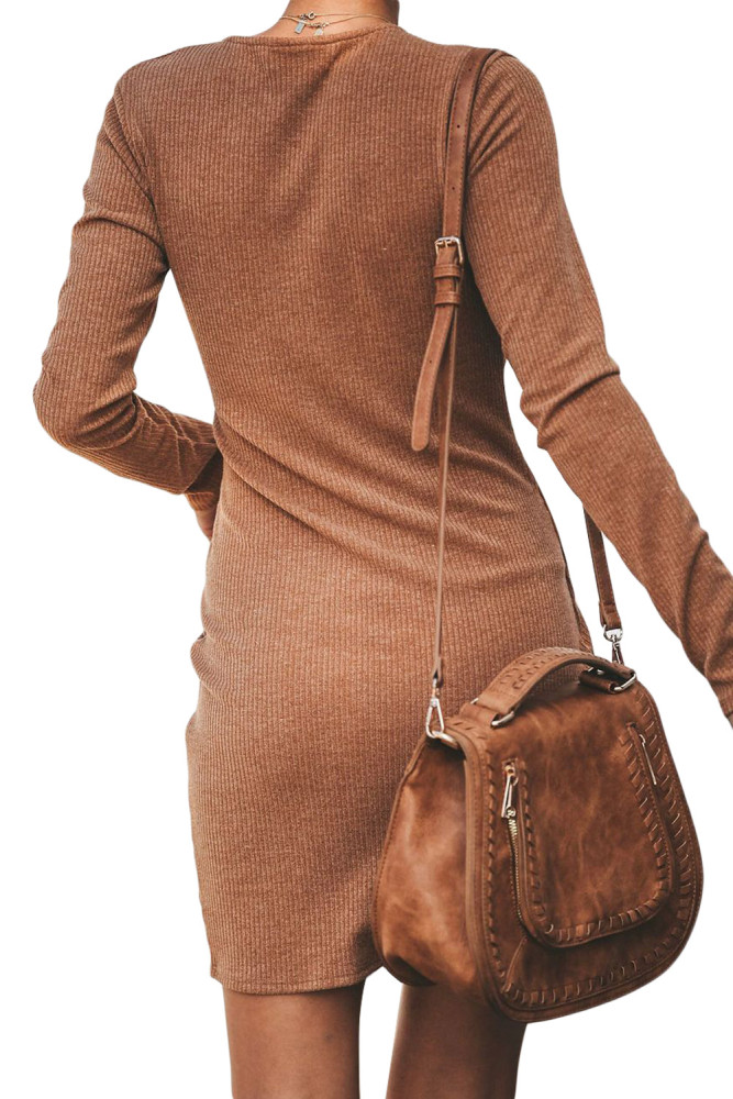 Camel Long Sleeve Ribbed Twist Mini Dress