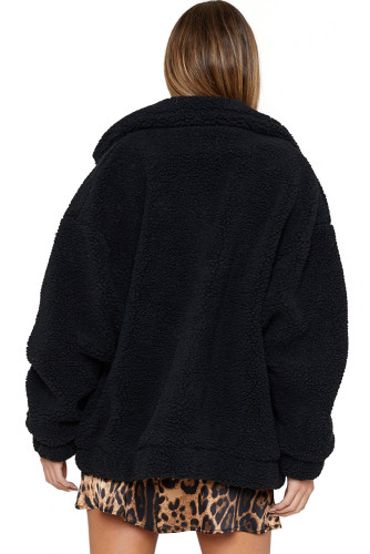 Black Lamb Wool Zipped Chunky Coat