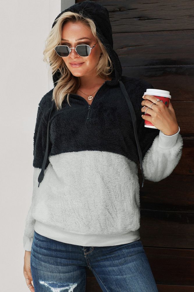 Black White Colorblock Furry Hoodie