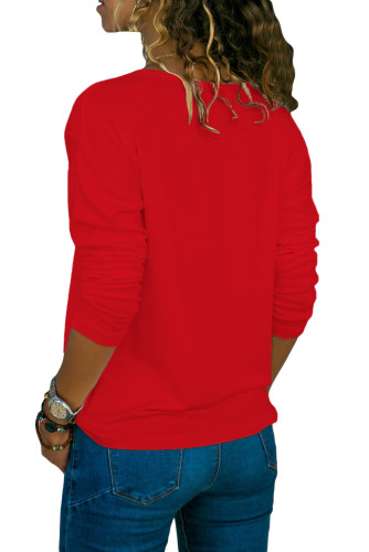 Red Long Sleeve V Neck Casual Top