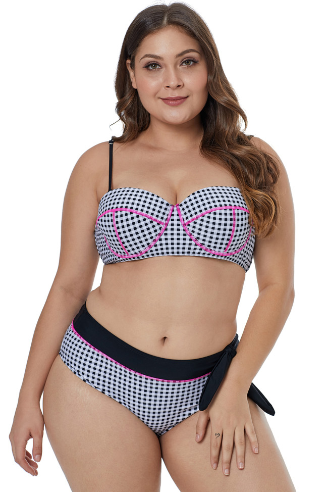 Contrast Piping Tartan Printed Pattern Plus Size Bikini