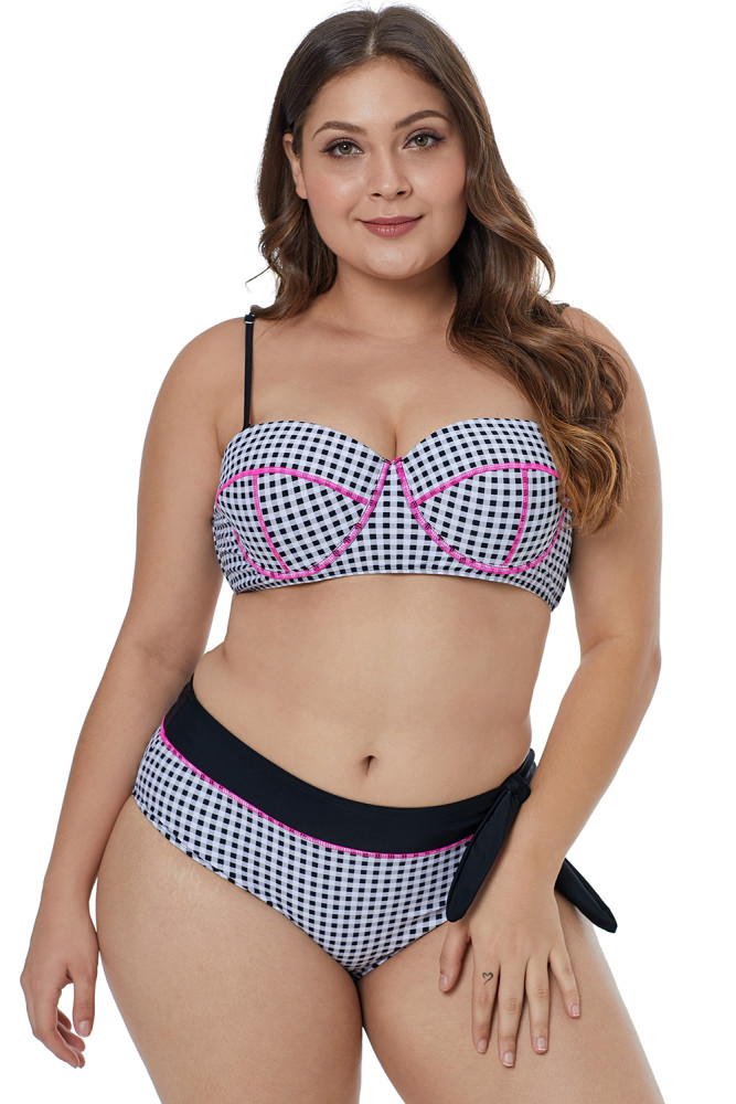 Contrast Piping Tartan Printed Pattern Plus Size Bikini