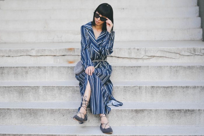Navy White Multi Striped Shirt Dress with Tie