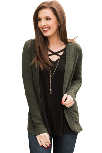 Green Knit Long Sleeve Cardigan Top with Pockets