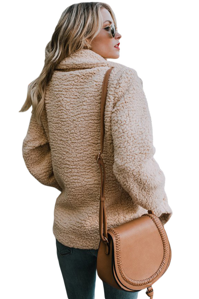 Khaki Fleece Open Front Coat with Pockets